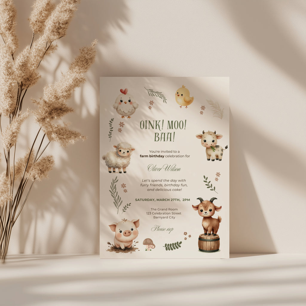 Editable barnyard farm birthday invitation with watercolor pig, cow, sheep, goat, chicken and chick Canva template