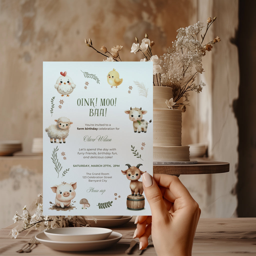 Editable barnyard farm birthday invitation with watercolor pig, cow, sheep, goat, chicken and chick Canva template