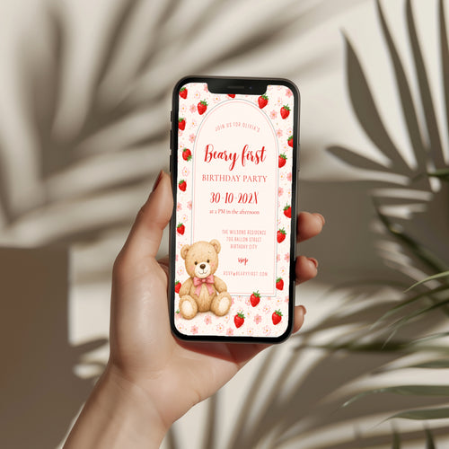 Editable Berry & Beary First birthday invitation with a teddy bear, strawberries, pink flowers, and an elegant arched design for a girl's first birthday party.