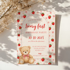 Editable Berry & Beary First birthday invitation with a teddy bear, strawberries, pink flowers, and an elegant arched design for a girl's first birthday party.
