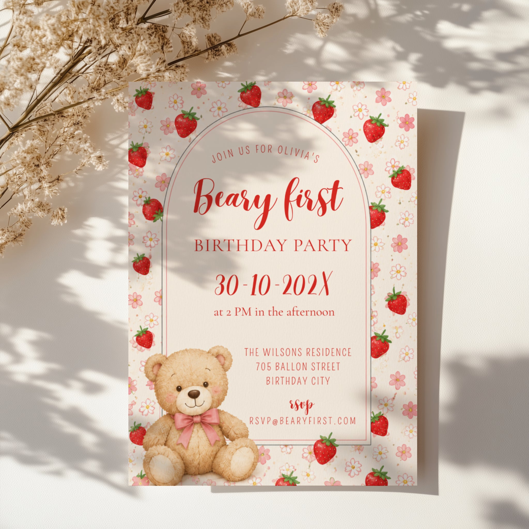 Editable Berry & Beary First birthday invitation with a teddy bear, strawberries, pink flowers, and an elegant arched design for a girl's first birthday party.