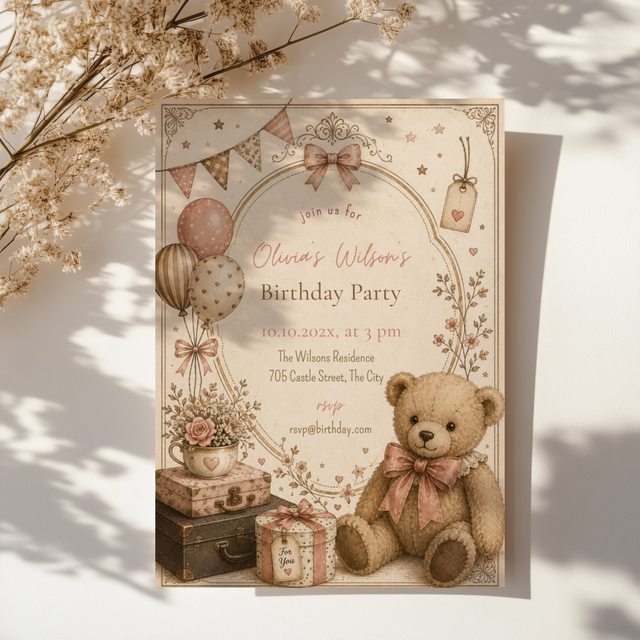 Vintage teddy bear birthday invitation with blush balloons, antique suitcases, delicate florals, and a soft storybook watercolor design for a child's birthday celebration.
