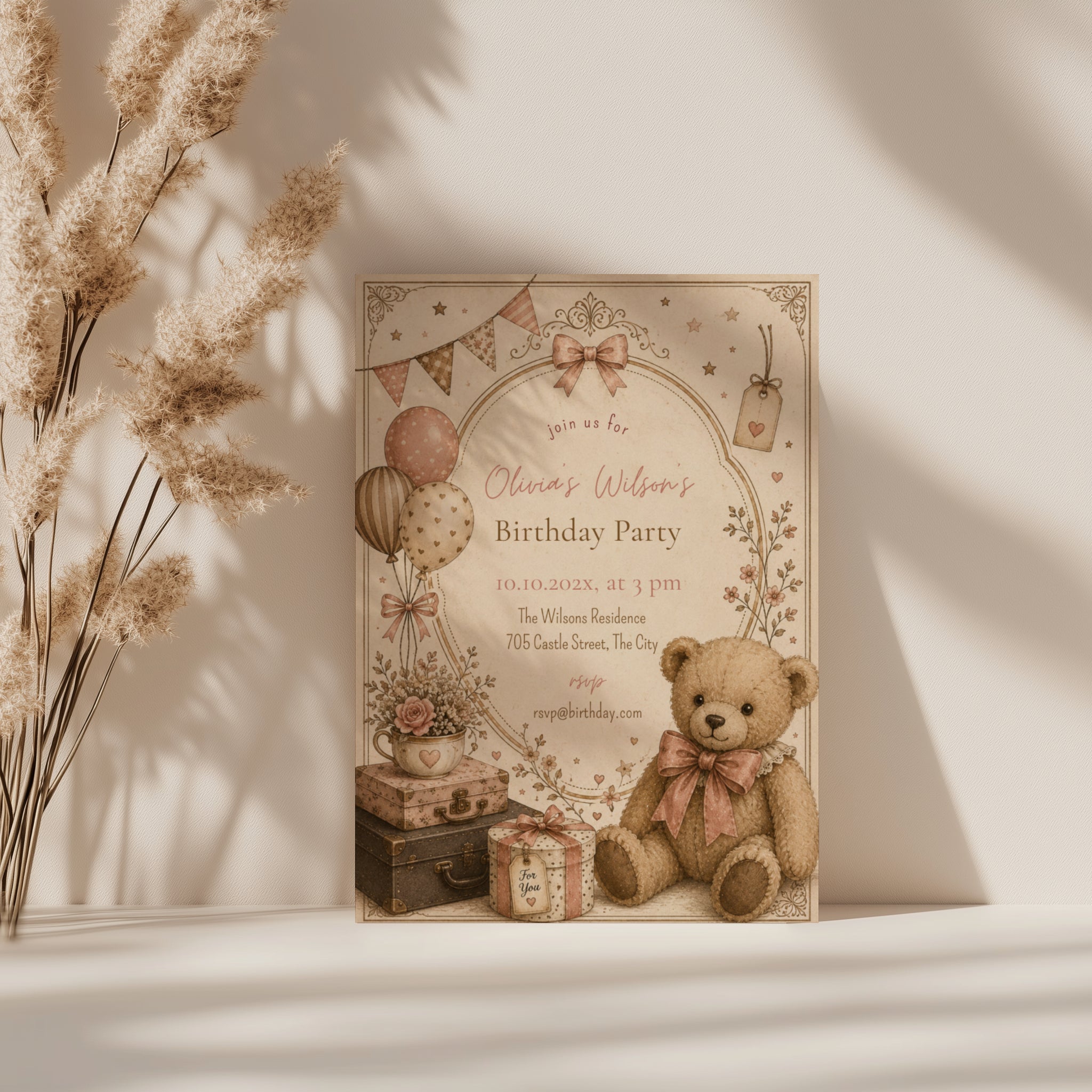 Vintage teddy bear birthday invitation with blush balloons, antique suitcases, delicate florals, and a soft storybook watercolor design for a child's birthday celebration.