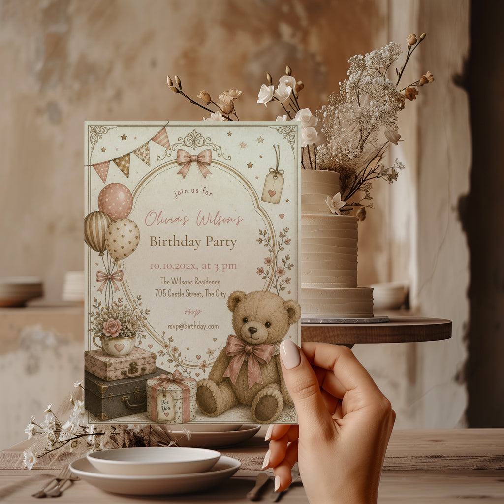 Vintage teddy bear birthday invitation with blush balloons, antique suitcases, delicate florals, and a soft storybook watercolor design for a child's birthday celebration.