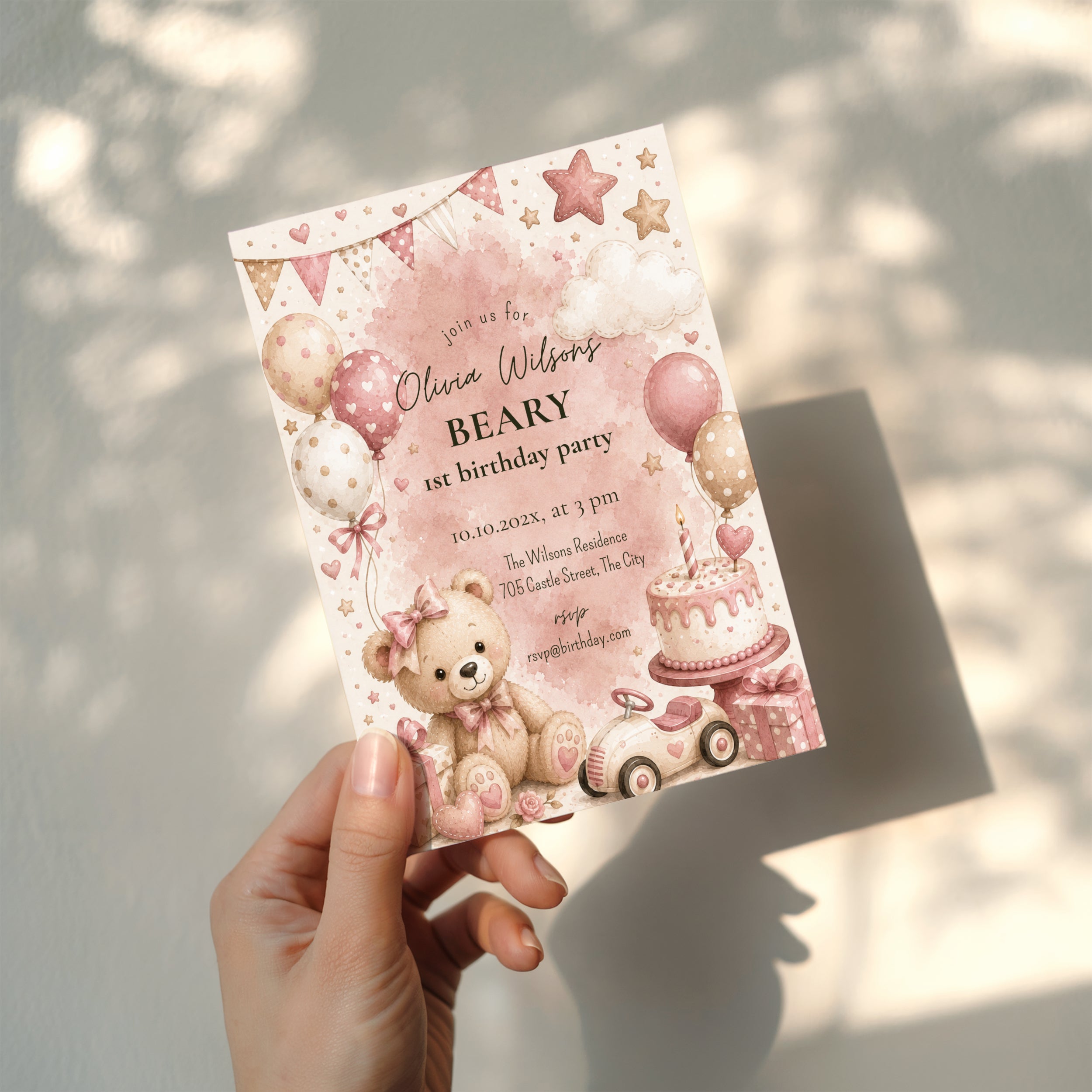 Sweet Beary First birthday invitation featuring a teddy bear, blush balloons, birthday cake, gifts, and pastel watercolor details for a girl's first birthday.
