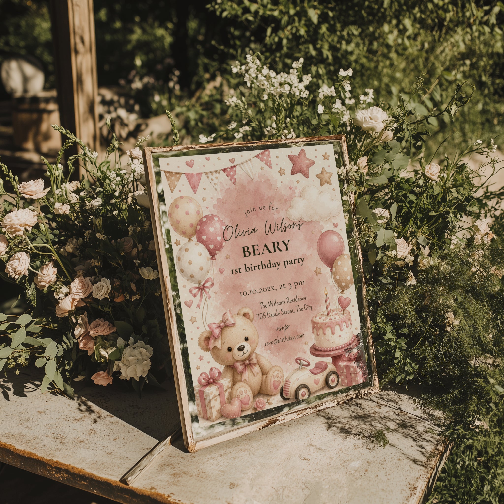 Sweet Beary First birthday invitation featuring a teddy bear, blush balloons, birthday cake, gifts, and pastel watercolor details for a girl's first birthday.