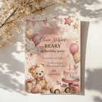 Sweet Beary First birthday invitation featuring a teddy bear, blush balloons, birthday cake, gifts, and pastel watercolor details for a girl's first birthday.
