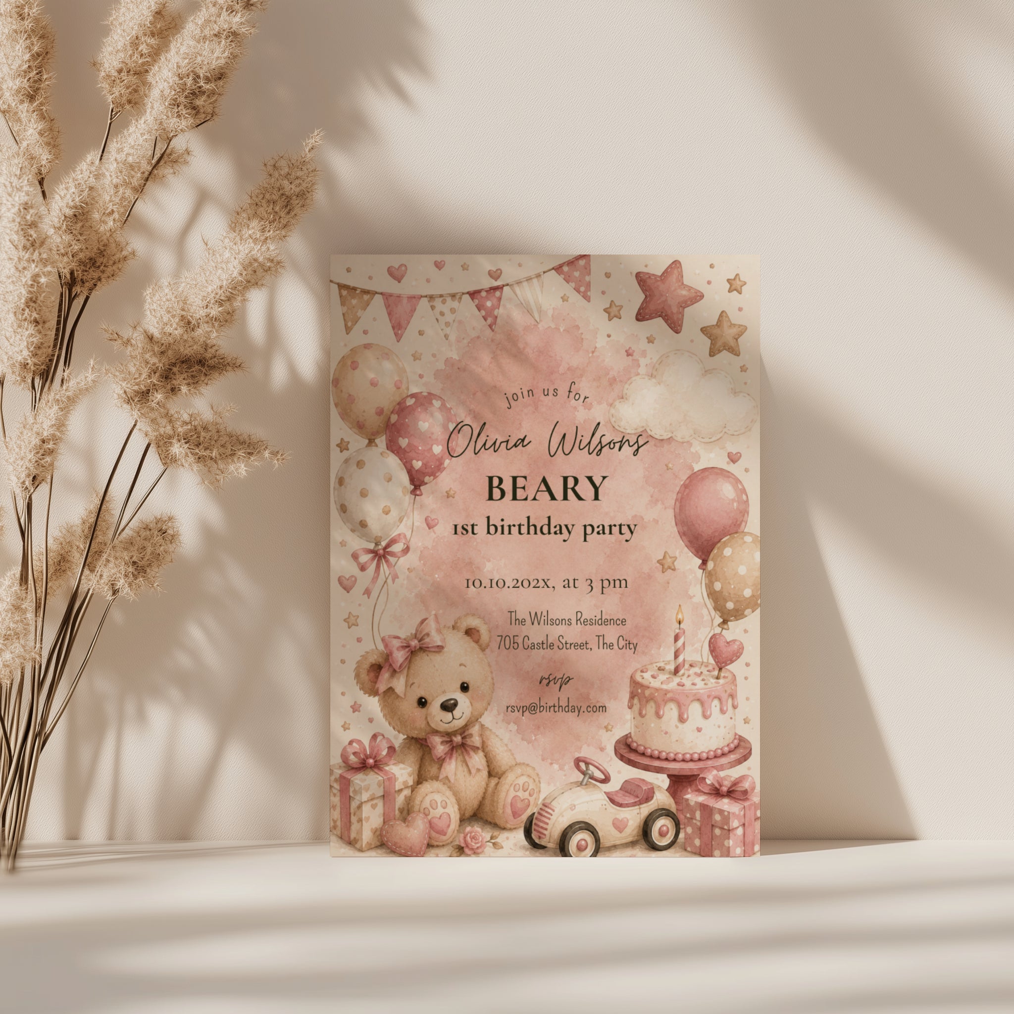Sweet Beary First birthday invitation featuring a teddy bear, blush balloons, birthday cake, gifts, and pastel watercolor details for a girl's first birthday.