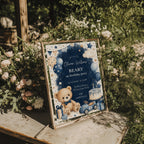 Classic Beary First birthday invitation featuring a teddy bear, blue balloons, birthday cake, vintage toy race car, and watercolor stars for a baby boy's first birthday.