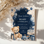 Classic Beary First birthday invitation featuring a teddy bear, blue balloons, birthday cake, vintage toy race car, and watercolor stars for a baby boy's first birthday.