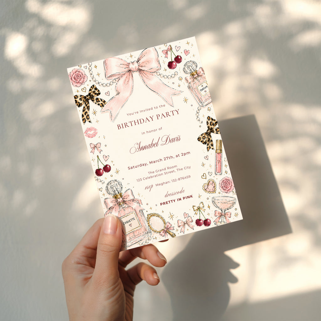 Coquette chic birthday invitation with hand-drawn pink bows, perfume bottles, pearls, cherries, leopard bows, and feminine blush illustrations for a stylish birthday celebration.