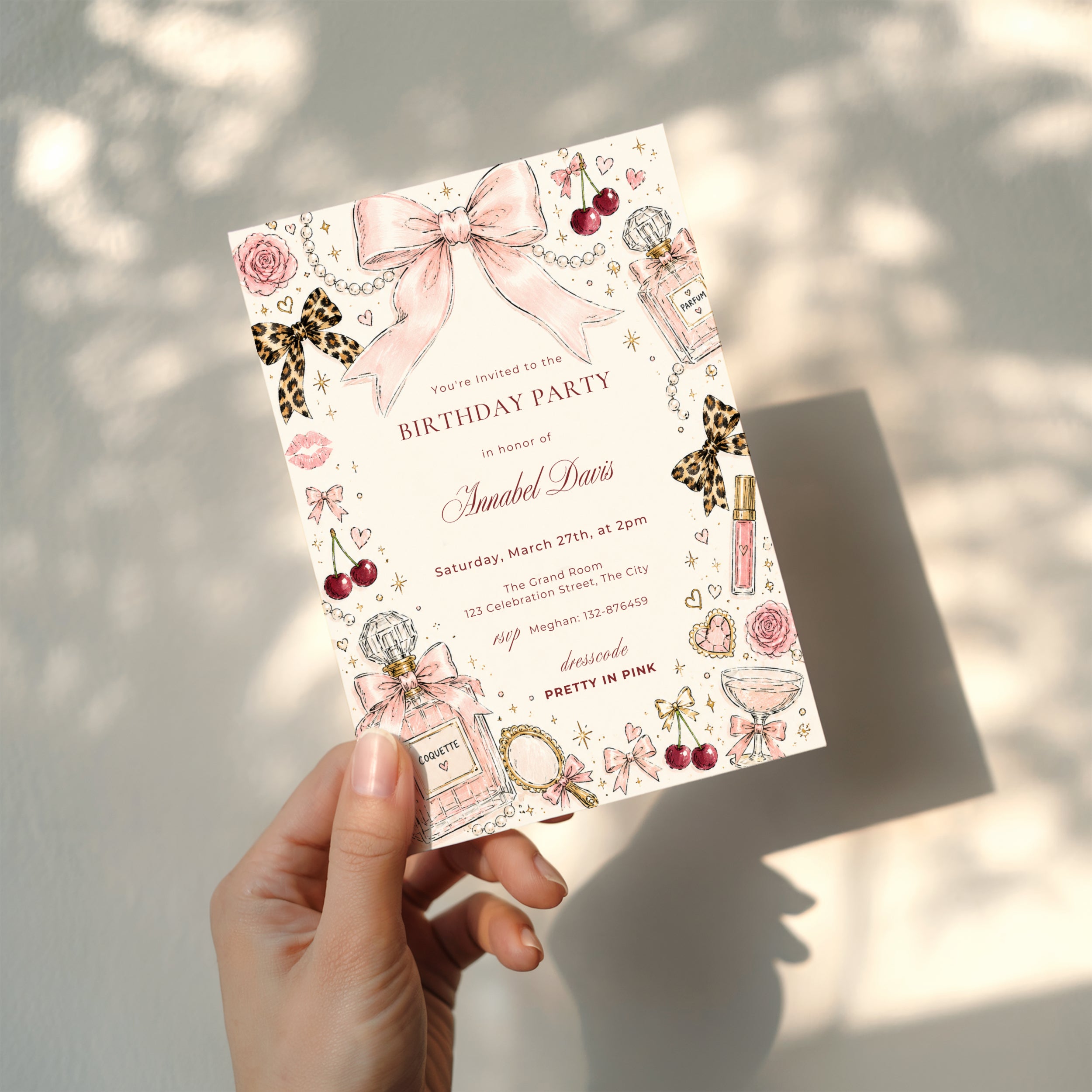 Coquette chic birthday invitation with hand-drawn pink bows, perfume bottles, pearls, cherries, leopard bows, and feminine blush illustrations for a stylish birthday celebration.