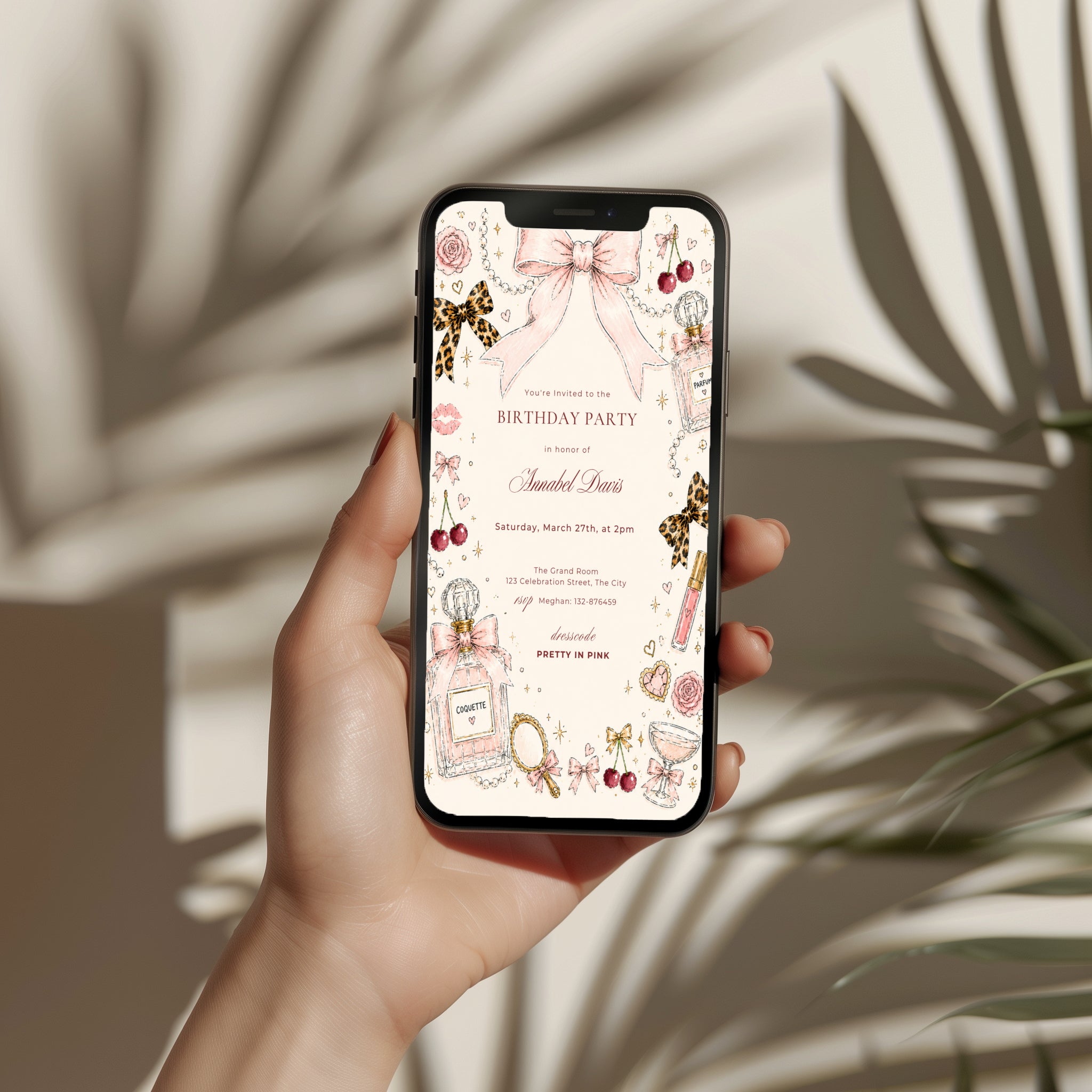 Coquette chic birthday invitation with hand-drawn pink bows, perfume bottles, pearls, cherries, leopard bows, and feminine blush illustrations for a stylish birthday celebration.