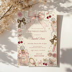 Coquette chic birthday invitation with hand-drawn pink bows, perfume bottles, pearls, cherries, leopard bows, and feminine blush illustrations for a stylish birthday celebration.