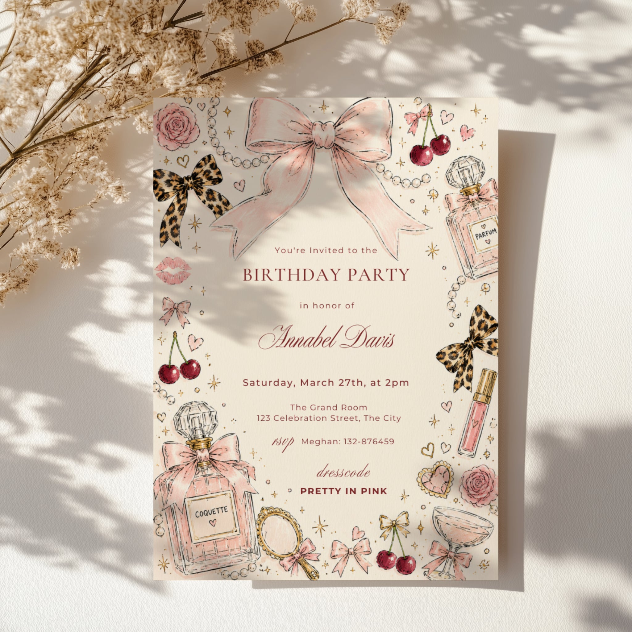 Coquette chic birthday invitation with hand-drawn pink bows, perfume bottles, pearls, cherries, leopard bows, and feminine blush illustrations for a stylish birthday celebration.