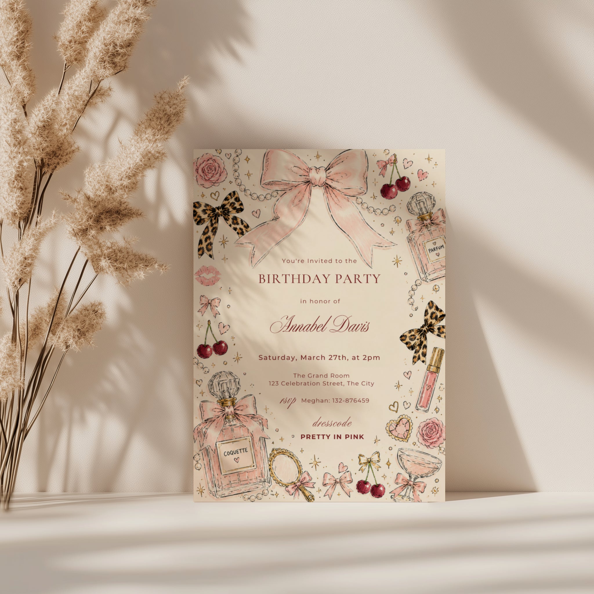 Coquette chic birthday invitation with hand-drawn pink bows, perfume bottles, pearls, cherries, leopard bows, and feminine blush illustrations for a stylish birthday celebration.