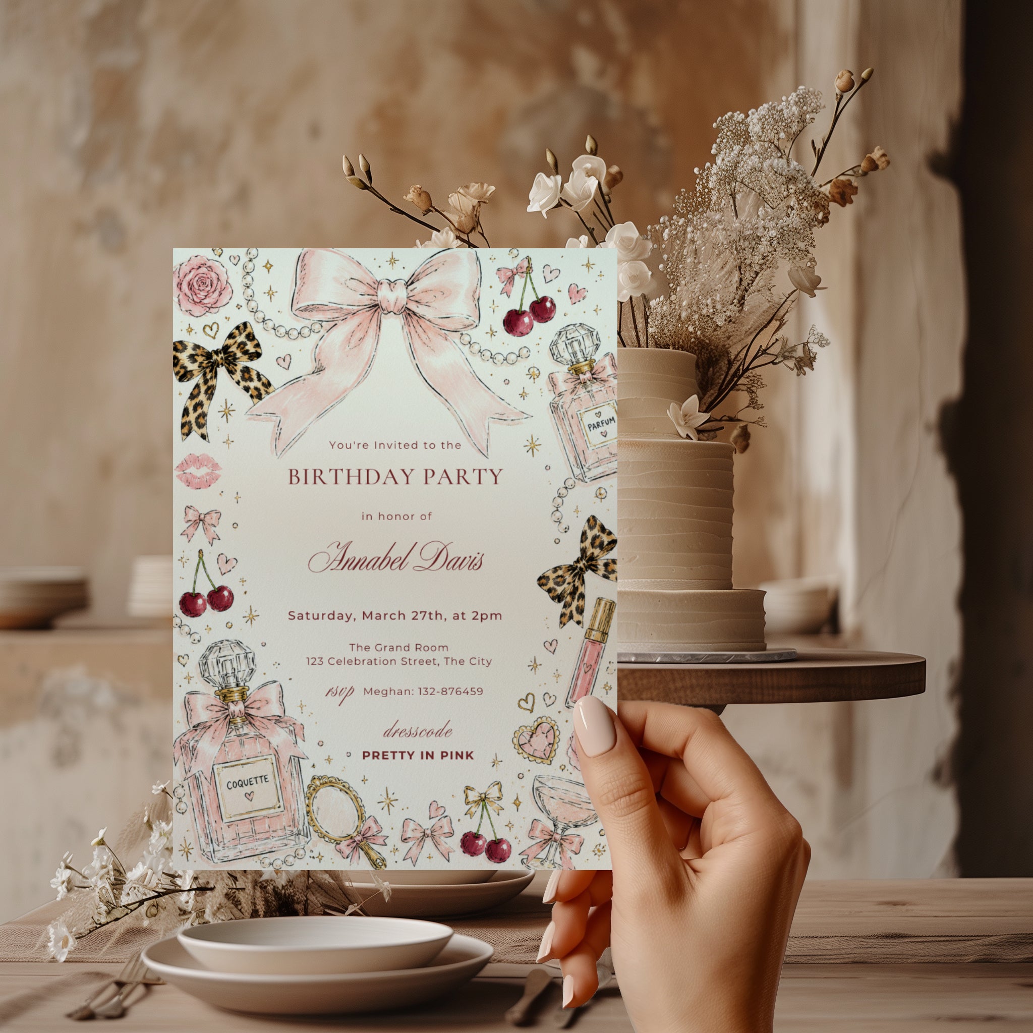Coquette chic birthday invitation with hand-drawn pink bows, perfume bottles, pearls, cherries, leopard bows, and feminine blush illustrations for a stylish birthday celebration.