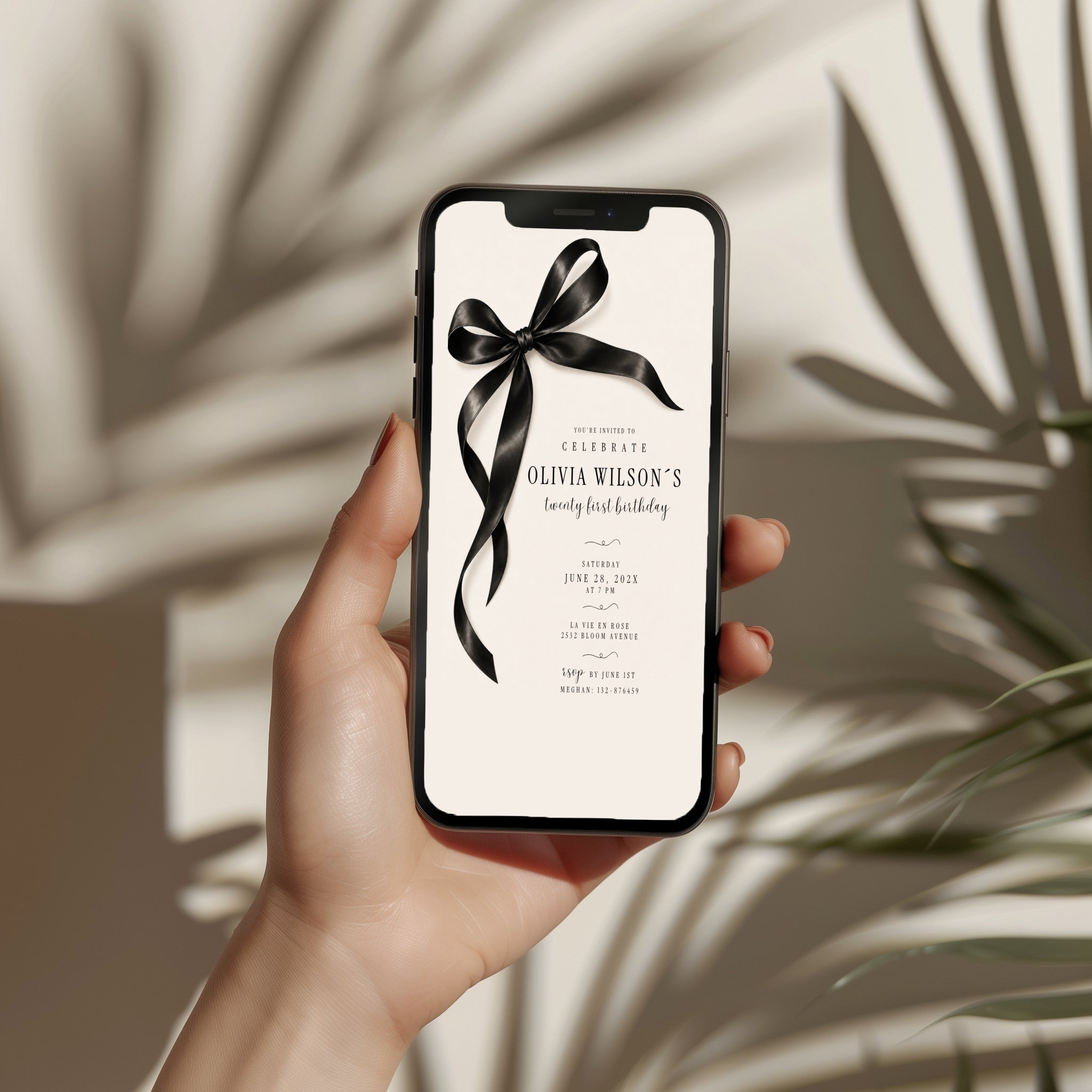 Black bow 21st birthday invitation with an oversized satin ribbon, minimalist black typography, and an elegant white layout for a milestone celebration.