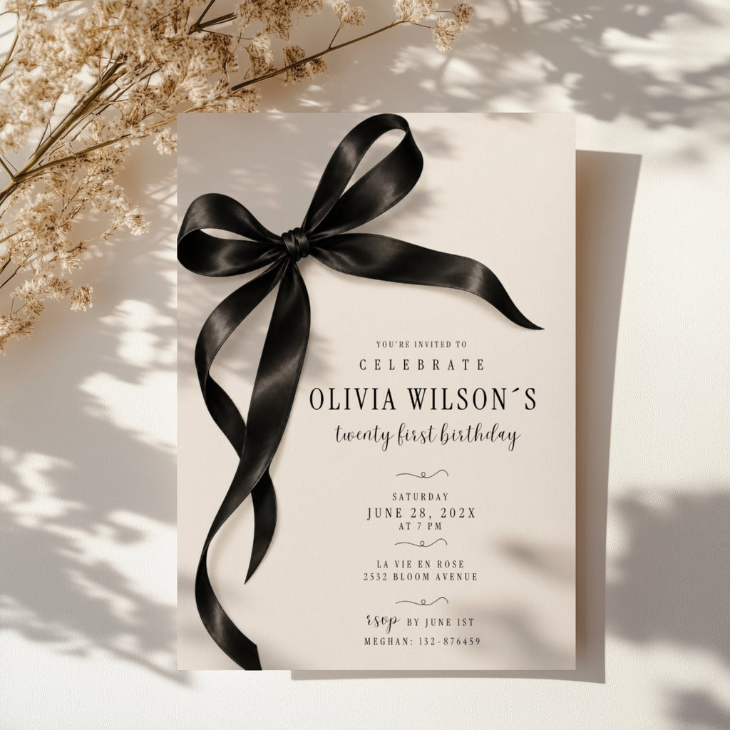 Black bow 21st birthday invitation with an oversized satin ribbon, minimalist black typography, and an elegant white layout for a milestone celebration.