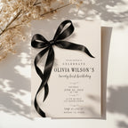 Black bow 21st birthday invitation with an oversized satin ribbon, minimalist black typography, and an elegant white layout for a milestone celebration.