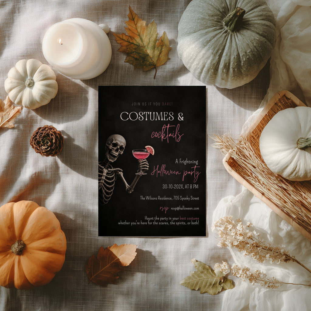 Costumes and Cocktails Halloween party invitation with a skeleton holding a pink cocktail, bold black background, and hot pink typography.