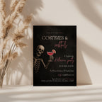 Costumes and Cocktails Halloween party invitation with a skeleton holding a pink cocktail, bold black background, and hot pink typography.