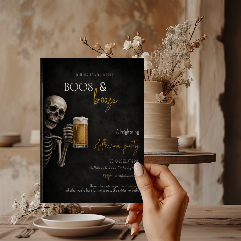 Skeleton beer Halloween party invitation with a grinning skeleton holding a frosty beer and a dark Boos & Booze party design with amber lettering.