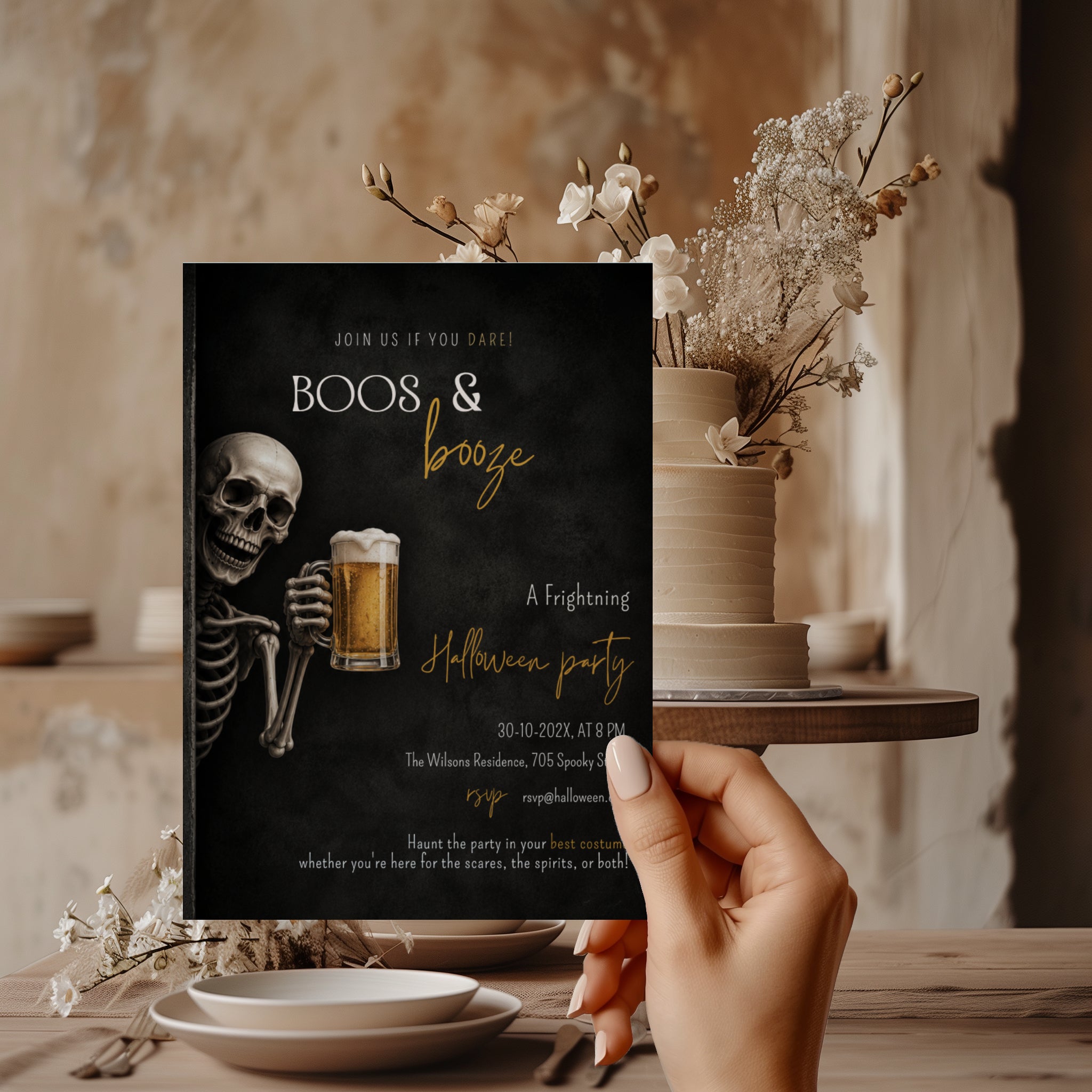 Skeleton beer Halloween party invitation with a grinning skeleton holding a frosty beer and a dark Boos & Booze party design with amber lettering.