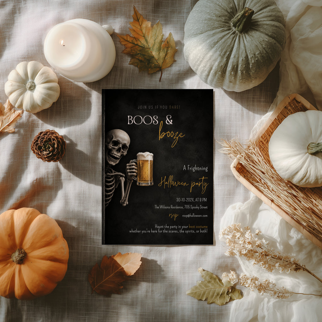 Skeleton beer Halloween party invitation with a grinning skeleton holding a frosty beer and a dark Boos & Booze party design with amber lettering.