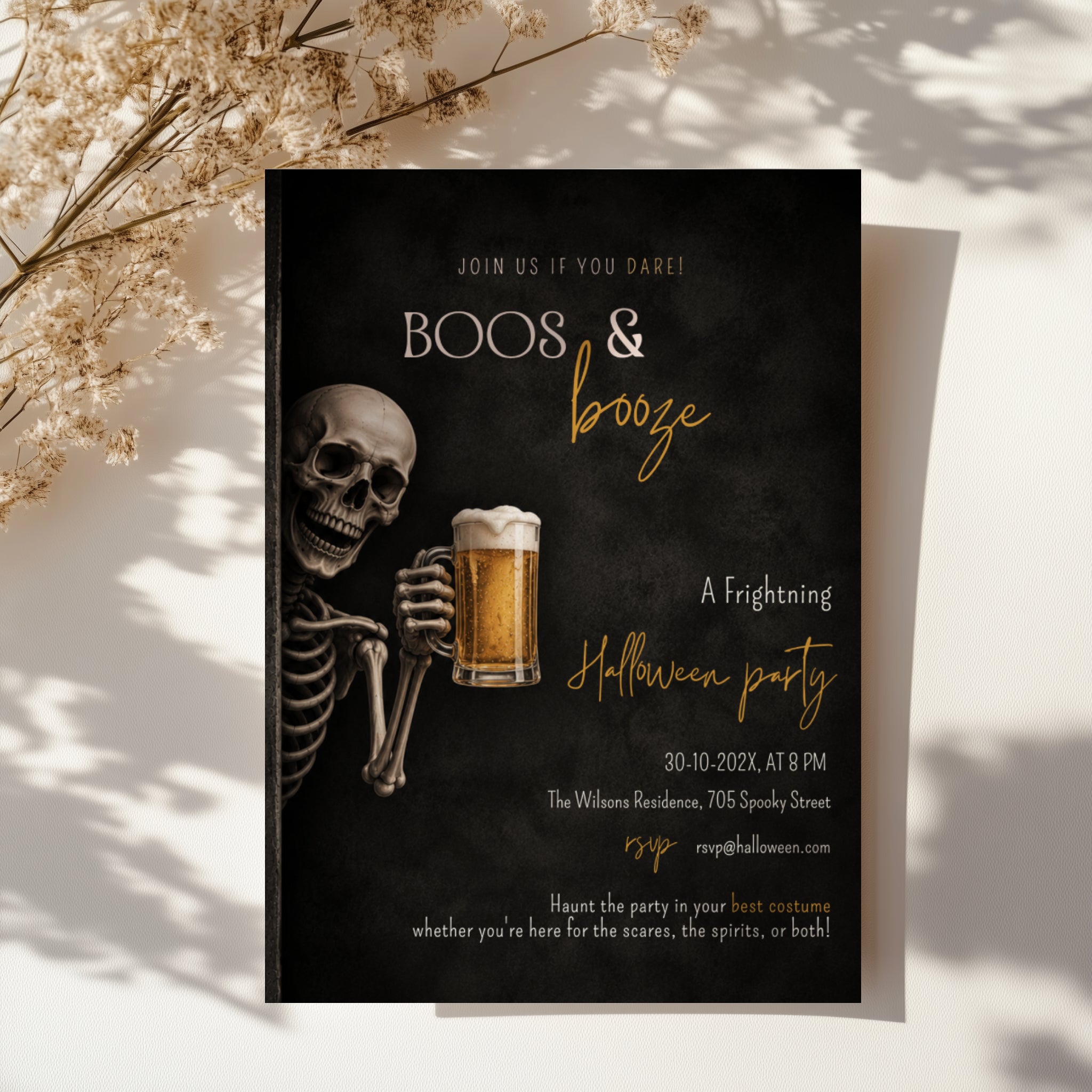 Skeleton beer Halloween party invitation with a grinning skeleton holding a frosty beer and a dark Boos & Booze party design with amber lettering.