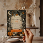 Vintage Halloween party invitation with dancing skeletons, jack-o'-lanterns, a raven, crescent moon, and antique graveyard illustrations.