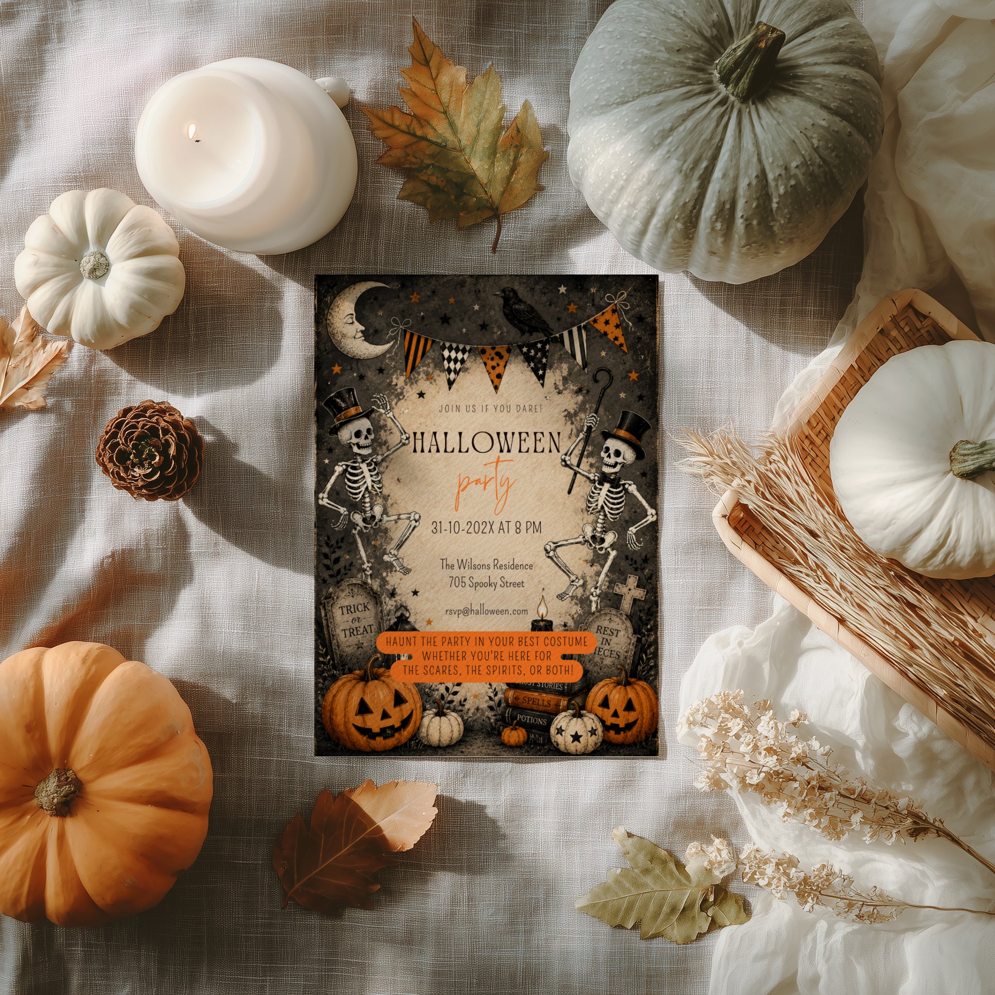 Vintage Halloween party invitation with dancing skeletons, jack-o'-lanterns, a raven, crescent moon, and antique graveyard illustrations.