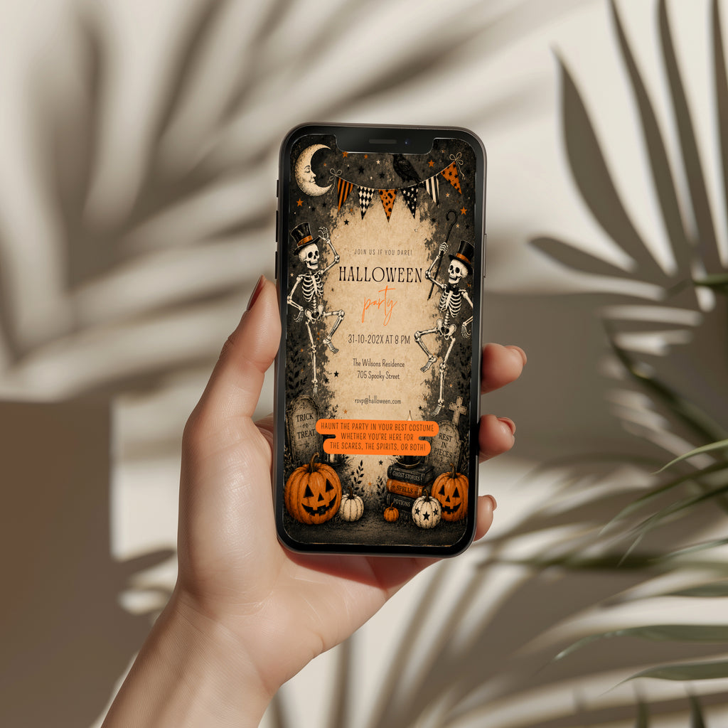 Vintage Halloween party invitation with dancing skeletons, jack-o'-lanterns, a raven, crescent moon, and antique graveyard illustrations.