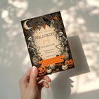 Vintage Halloween party invitation with dancing skeletons, jack-o'-lanterns, a raven, crescent moon, and antique graveyard illustrations.