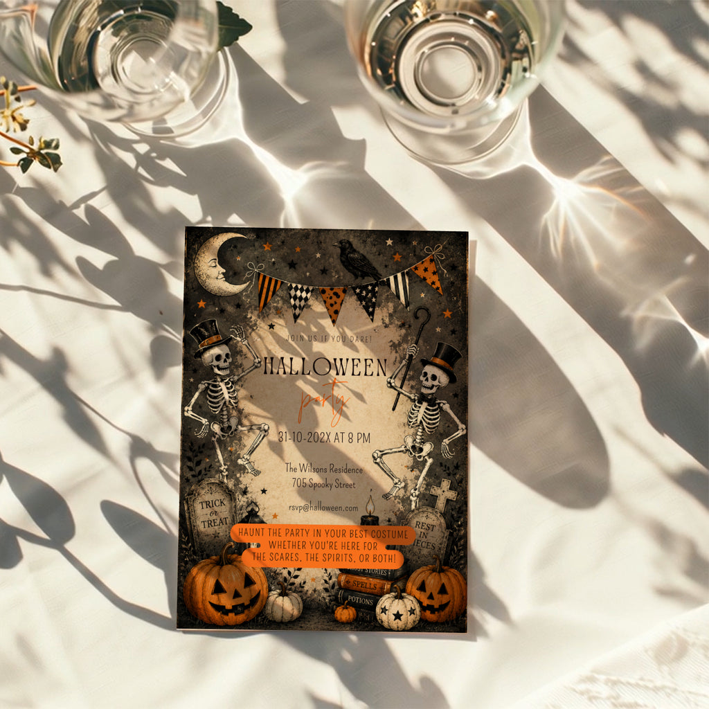Vintage Halloween party invitation with dancing skeletons, jack-o'-lanterns, a raven, crescent moon, and antique graveyard illustrations.