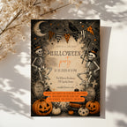 Vintage Halloween party invitation with dancing skeletons, jack-o'-lanterns, a raven, crescent moon, and antique graveyard illustrations.