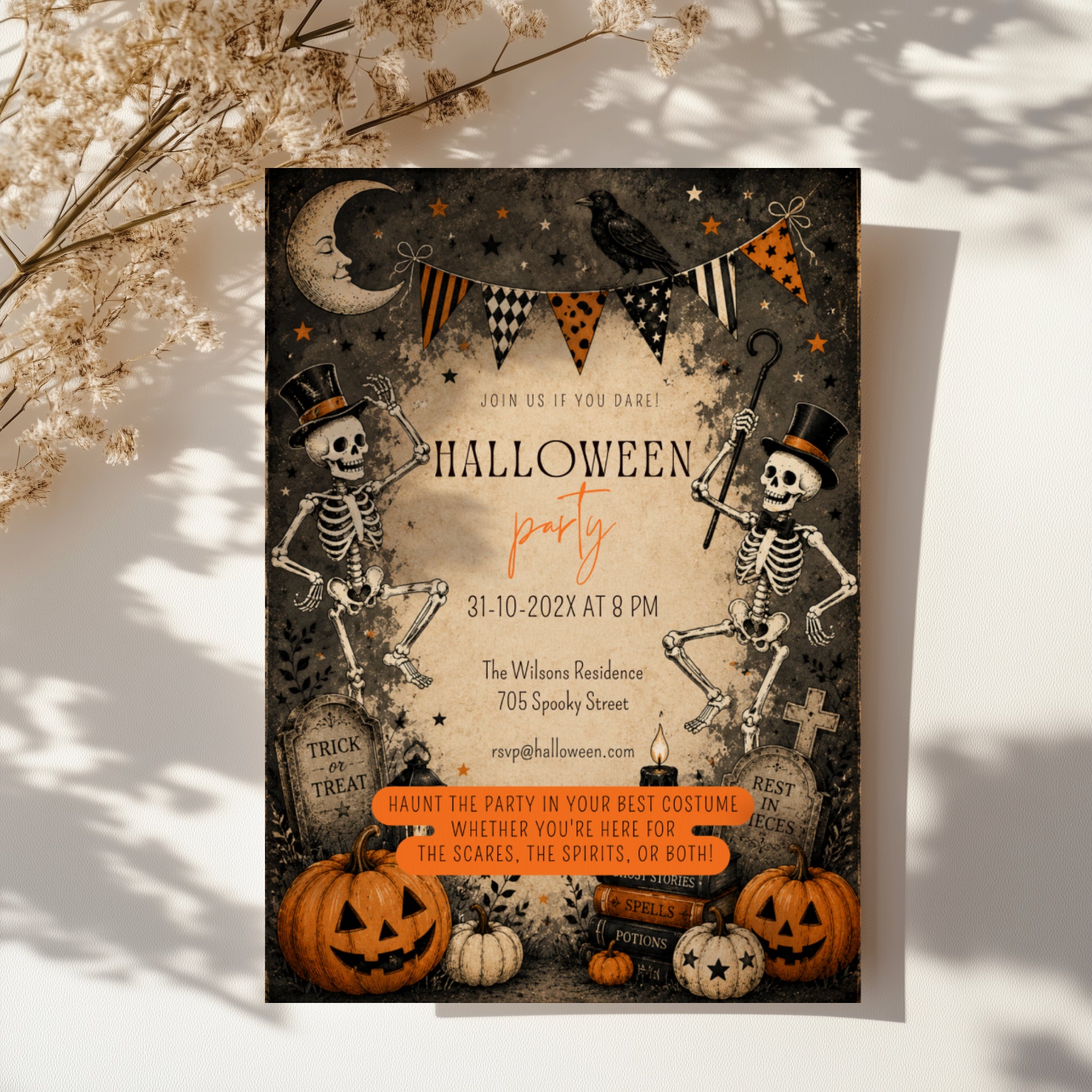 Vintage Halloween party invitation with dancing skeletons, jack-o'-lanterns, a raven, crescent moon, and antique graveyard illustrations.