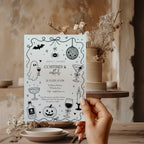 Doodle Costumes and Cocktails Halloween party invitation with a drinking ghost, disco ball, martini glasses, bats, spider, and hand-drawn black ink details.