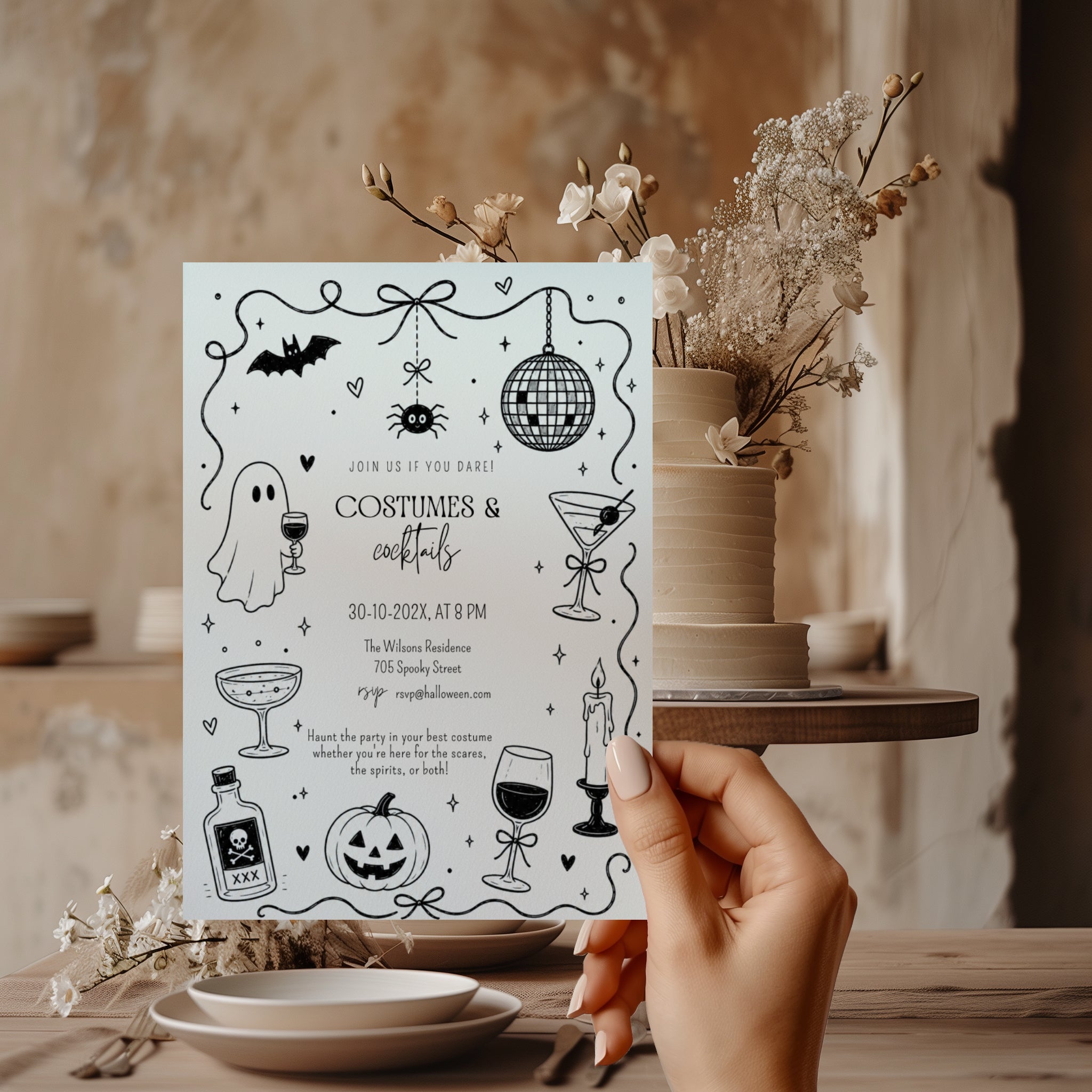 Doodle Costumes and Cocktails Halloween party invitation with a drinking ghost, disco ball, martini glasses, bats, spider, and hand-drawn black ink details.