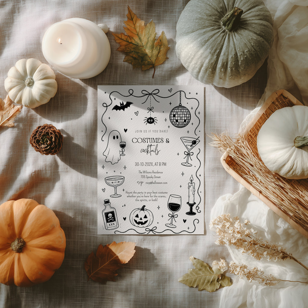 Doodle Costumes and Cocktails Halloween party invitation with a drinking ghost, disco ball, martini glasses, bats, spider, and hand-drawn black ink details.