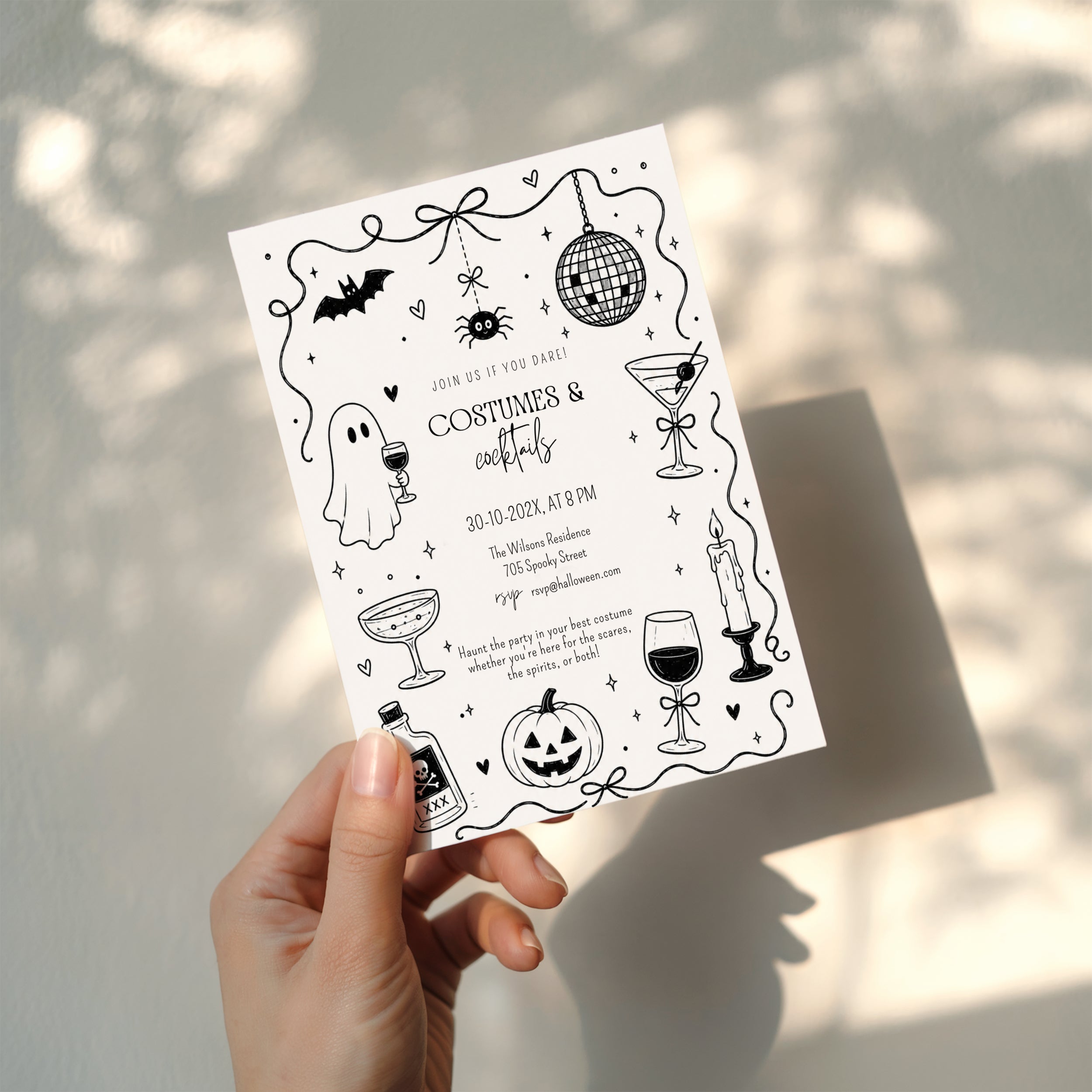 Doodle Costumes and Cocktails Halloween party invitation with a drinking ghost, disco ball, martini glasses, bats, spider, and hand-drawn black ink details.