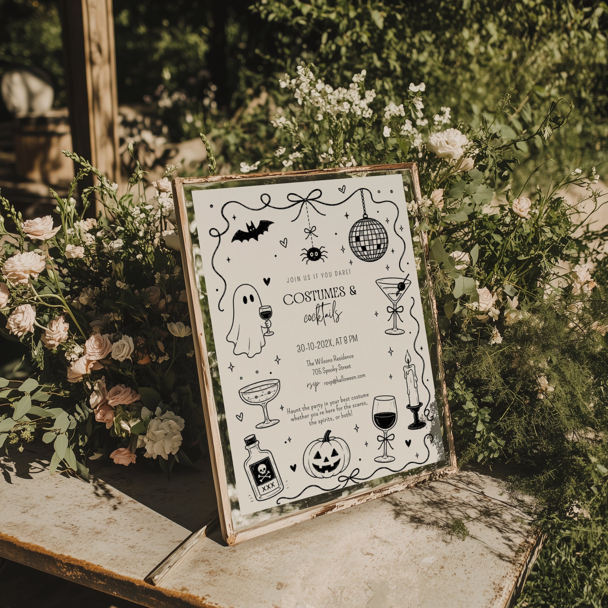 Doodle Costumes and Cocktails Halloween party invitation with a drinking ghost, disco ball, martini glasses, bats, spider, and hand-drawn black ink details.