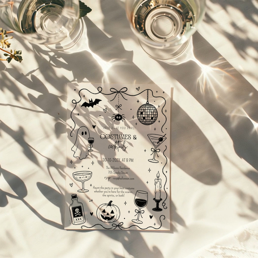 Doodle Costumes and Cocktails Halloween party invitation with a drinking ghost, disco ball, martini glasses, bats, spider, and hand-drawn black ink details.