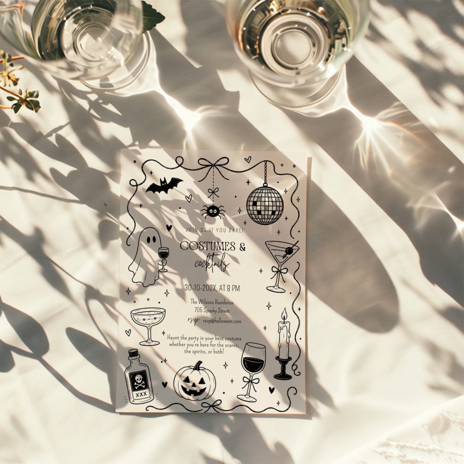 Doodle Costumes and Cocktails Halloween party invitation with a drinking ghost, disco ball, martini glasses, bats, spider, and hand-drawn black ink details.