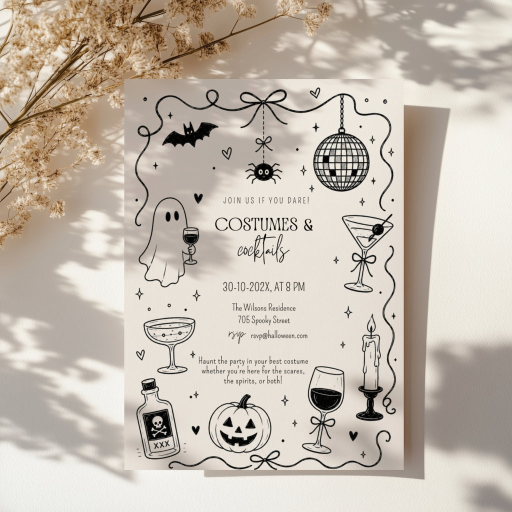 Doodle Costumes and Cocktails Halloween party invitation with a drinking ghost, disco ball, martini glasses, bats, spider, and hand-drawn black ink details.