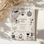 Doodle Costumes and Cocktails Halloween party invitation with a drinking ghost, disco ball, martini glasses, bats, spider, and hand-drawn black ink details.