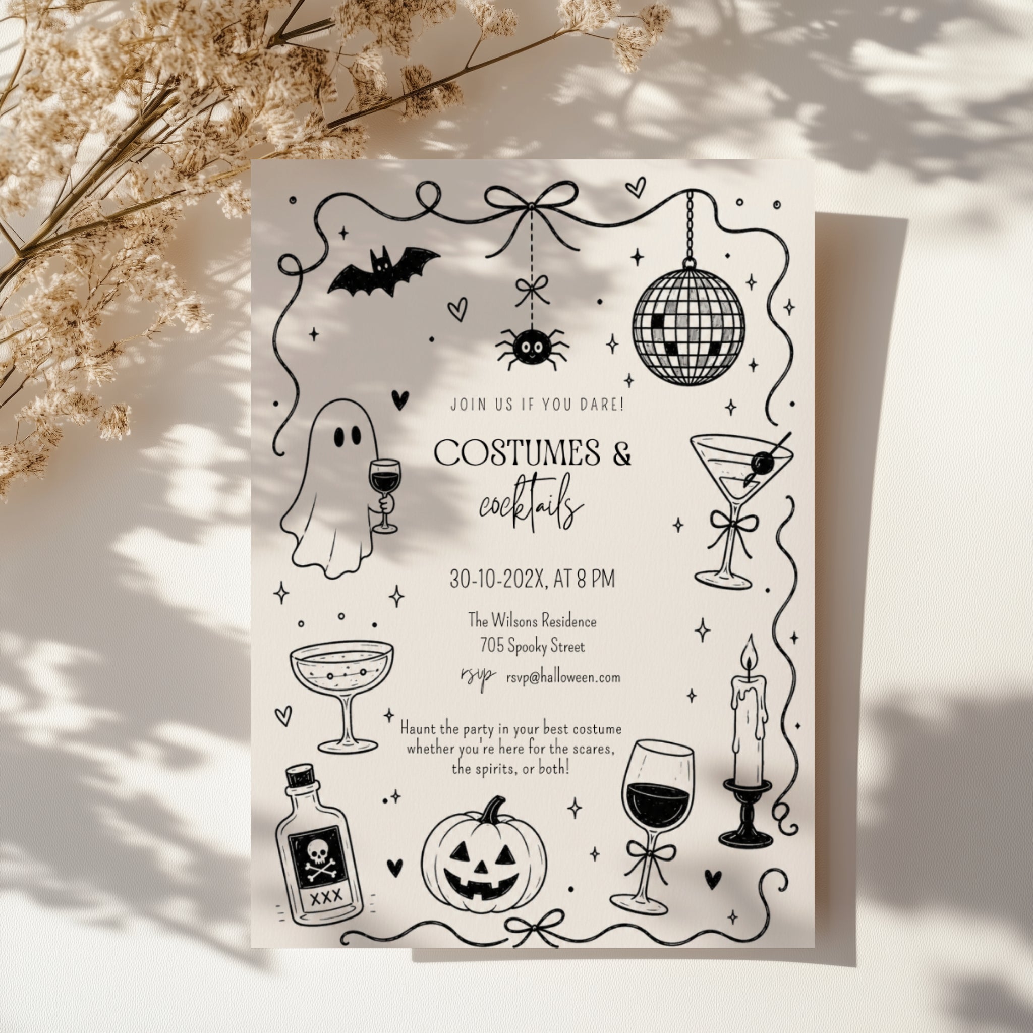 Doodle Costumes and Cocktails Halloween party invitation with a drinking ghost, disco ball, martini glasses, bats, spider, and hand-drawn black ink details.