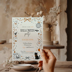 Doodle Halloween party invitation with hand-drawn ghosts, orange bows, disco ball, black cat, pumpkins, and playful black and orange details.