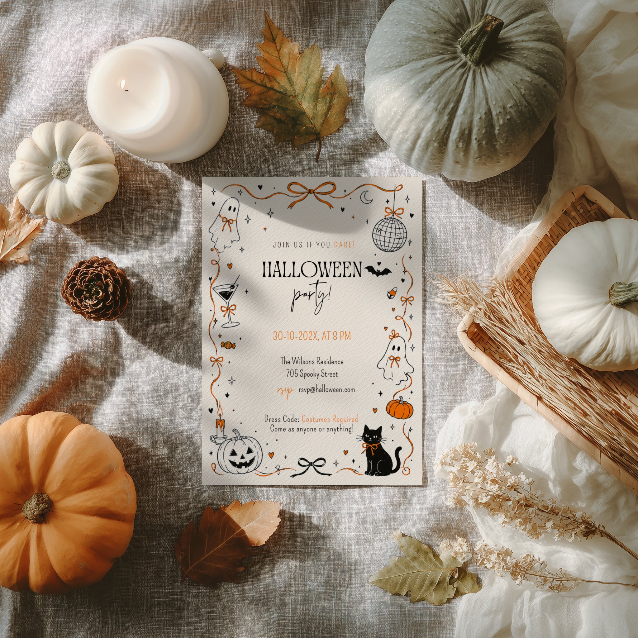 Doodle Halloween party invitation with hand-drawn ghosts, orange bows, disco ball, black cat, pumpkins, and playful black and orange details.