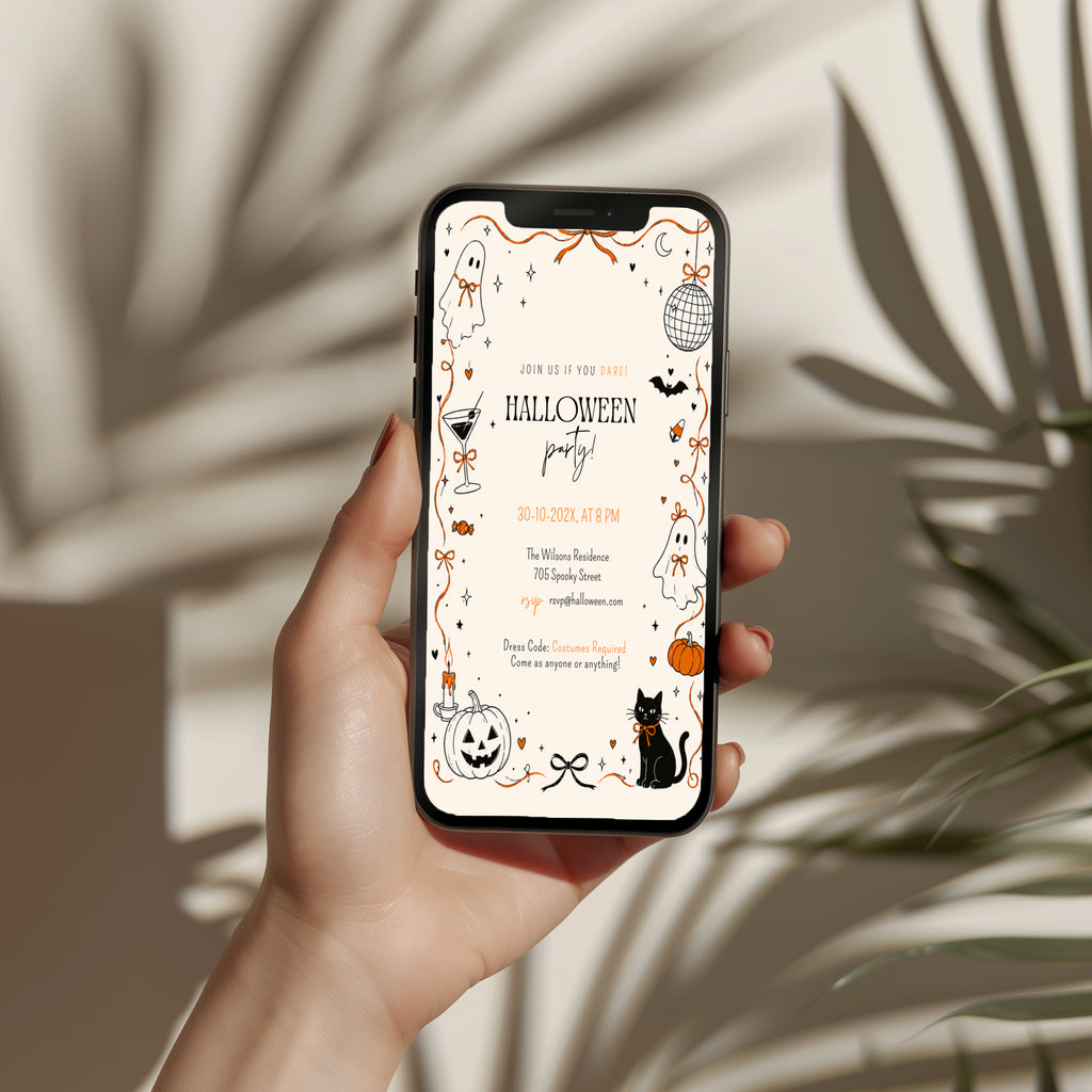 Doodle Halloween party invitation with hand-drawn ghosts, orange bows, disco ball, black cat, pumpkins, and playful black and orange details.